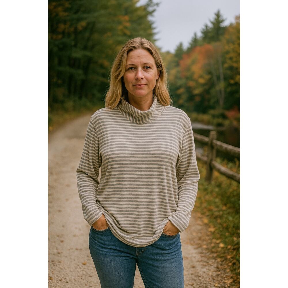 L.L. Bean Loose Turtleneck Gray Striped Cotton Casual Top Women’s XL